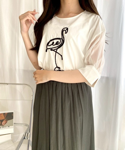 tシャツ フラミンゴ刺繍Ｔシャツ「CLEAR_CREA」 レディース
