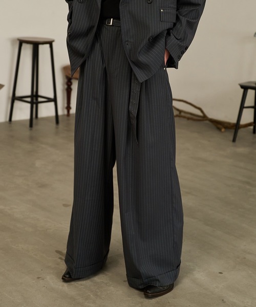 Forte スラックス Striped Belted Baggy Slacks/ストライプベルテッド