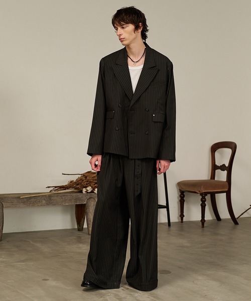 Forte スラックス Striped Belted Baggy Slacks/ストライプベルテッド