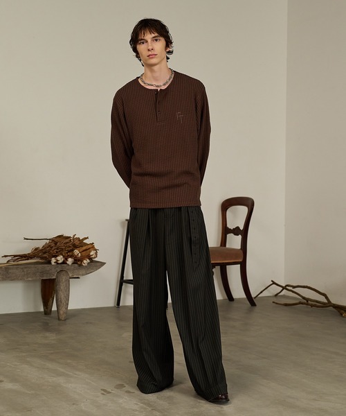 Forte スラックス Striped Belted Baggy Slacks/ストライプベルテッド