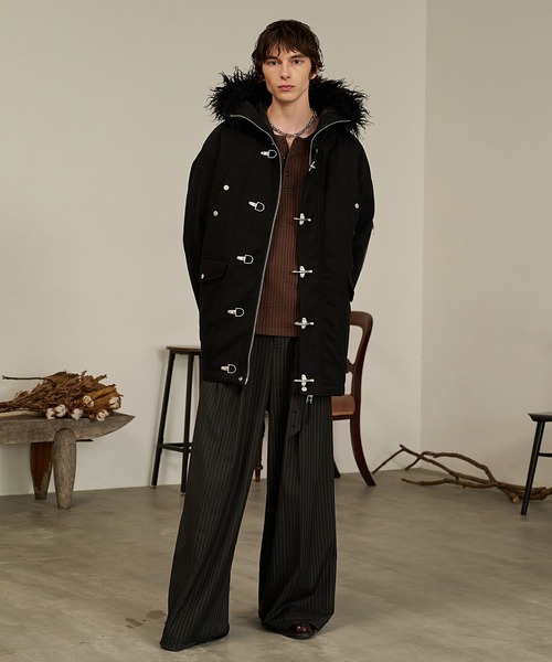 Forte スラックス Striped Belted Baggy Slacks/ストライプベルテッド