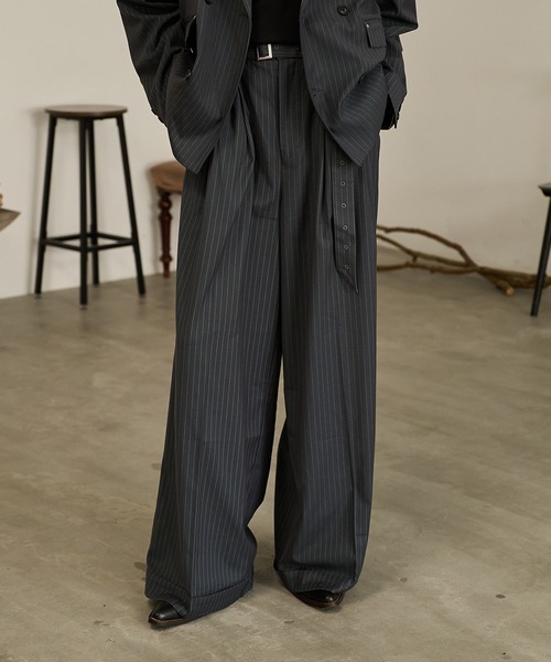 Forte スラックス Striped Belted Baggy Slacks/ストライプベルテッド