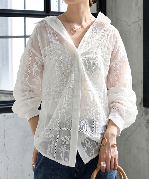 antiqua（アンティカ） ブラウス シャツ 刺繍レース シアーシャツ
