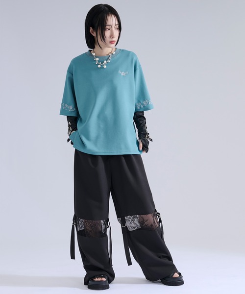 アルベロベロ 刺繍ビーズパンツ Mサイズ Tシャツセット Ellno Loset（エルノロゼット） tシャツ 「機能性付き」ローズ刺繍