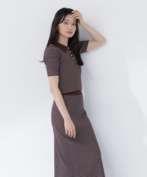 45R 薄手ギマニットボーダー 半袖 ワンピース美品 NATURAL BEAUTY BASIC（ナチュラルビューティーベーシック