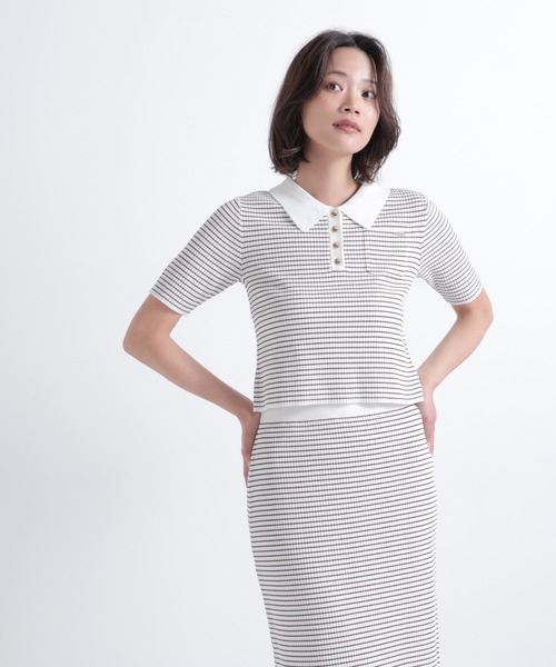 45R 薄手ギマニットボーダー 半袖 ワンピース美品 NATURAL BEAUTY BASIC（ナチュラルビューティーベーシック