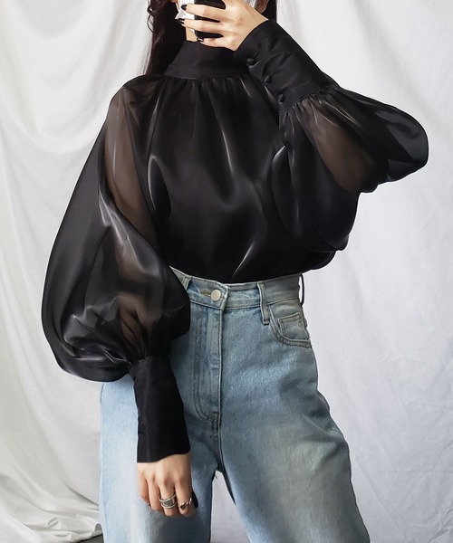 【ぶーぶさま専用】ボリュームスリーブbigリボンシャツ(ブラック) MYINE myine(マイン)の「ボリュームスリーブbigリボンシャツ (ブラック