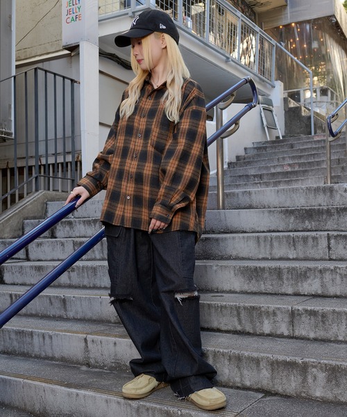 オンブレチェックシャツ　長袖シャツ　ネルシャツ　ストリート　カジュアル　M　古着 オンブレチェックシャツ 長袖シャツ ネルシャツ ストリート カジュアル