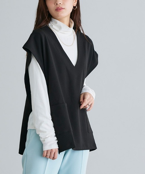 Pierrot ベスト ジレ Vネックフレンチスリーブベスト レディース