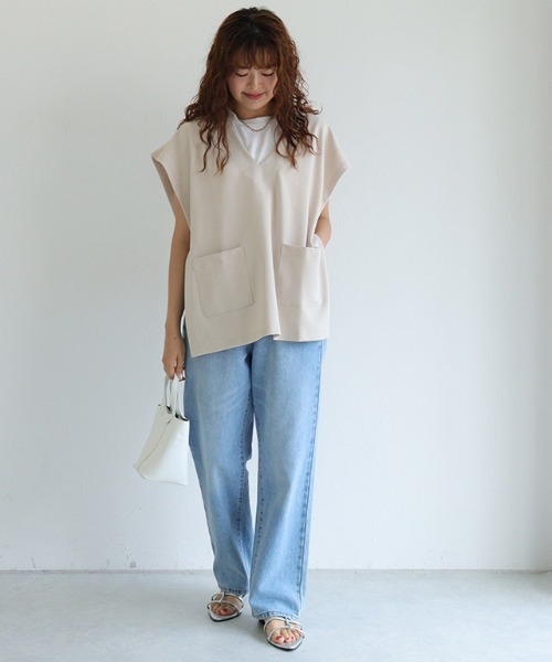 Pierrot ベスト ジレ Vネックフレンチスリーブベスト レディース