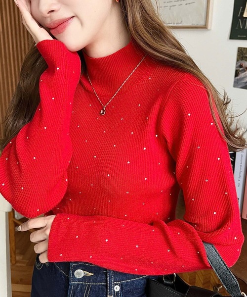 moment+ ニット セーター ラインストーンハイネックニットプルオーバー