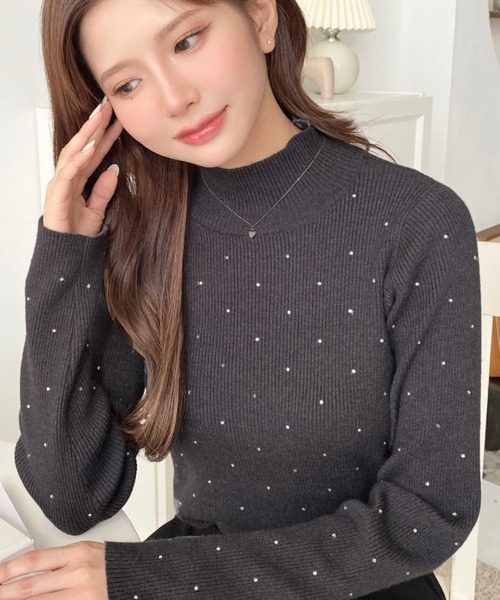 moment+ ニット セーター ラインストーンハイネックニットプルオーバー