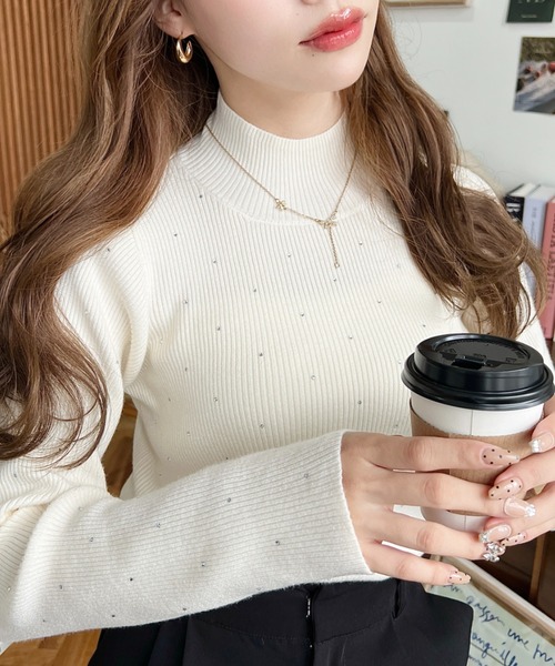 moment+ ニット セーター ラインストーンハイネックニットプルオーバー