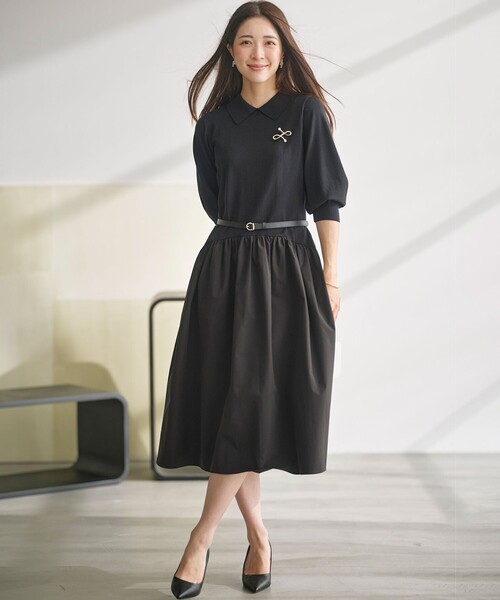 組曲（KUMIKYOKU） ワンピース 襟付きドッキング ニットワンピース