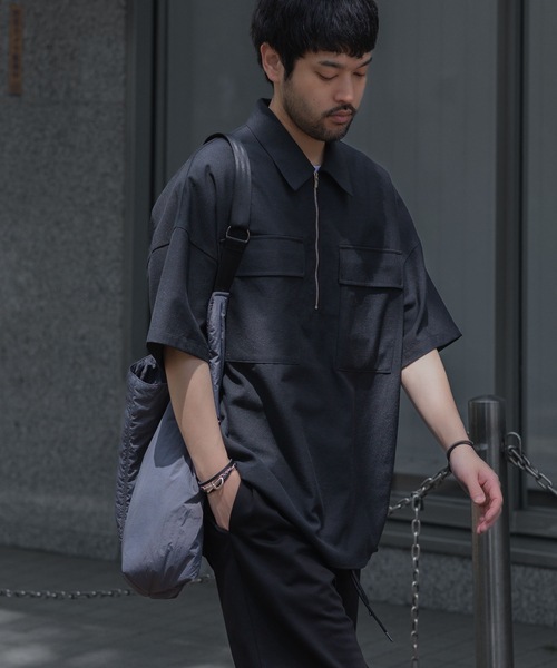 うっち ATTACHMENT シャツ PE/CO/LI ツイル ハーフジップ S/Sシャツ