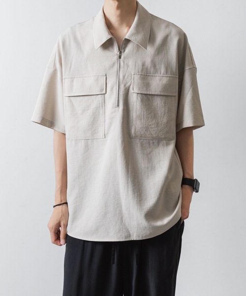Lig. リグドット half sleeve shirt ハーフスリーブシャツ ATTACHMENT シャツ PE/CO/LI ツイル ハーフジップ S/Sシャツ