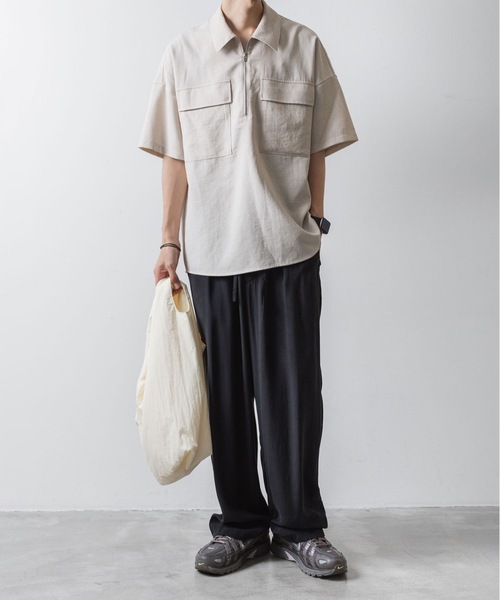 ATTACHMENT シャツ PE/CO/LI ツイル ハーフジップ S/Sシャツ
