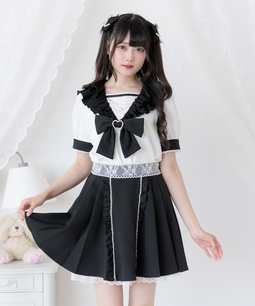 DearMyLove スカート 夏 ウエストレースパールフリルスカート