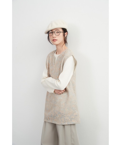 ベスト ジレ バラ柄チェーンステッチ総刺繍ニットソーキーネックチュニックベスト レディース On One's Own ベスト ジレ バラ柄チェーンステッチ総刺繍