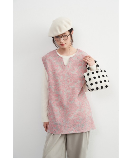 ベスト ジレ バラ柄チェーンステッチ総刺繍ニットソーキーネックチュニックベスト レディース On One's Own ベスト ジレ バラ柄チェーンステッチ総刺繍