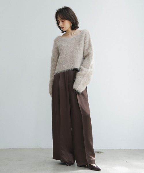 anuans パンツ ベルトデザインサテンパンツ レディース