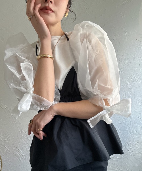 トップス Amour deux amour tシャツ 袖ボリュームオーガンジートップス
