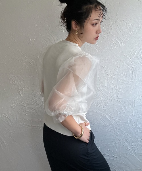 deux amour tシャツ 袖ボリュームオーガンジートップス レディース