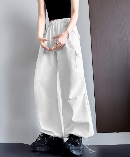 現行【24SS】アカネウツノミヤ カーゴパンツ ドローストリング 撥水 ホワイト miniministore（ミニミニストア） ワイドパンツ カーゴパンツ カーゴ