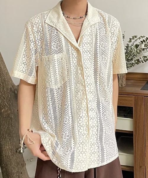 レースシャツ link lot シャツ オープンカラーレースシャツ メンズ : ZOZOTOWN