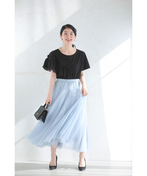 tシャツ （黒）流れるアシンメトリーフリルラインのカットソートップス レディース cawaii tシャツ （黒）流れるアシンメトリーフリルラインの
