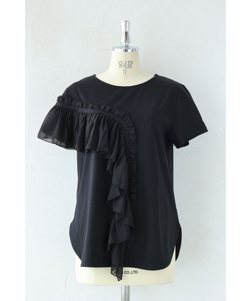 tシャツ （黒）流れるアシンメトリーフリルラインのカットソートップス レディース cawaii tシャツ （黒）流れるアシンメトリーフリルラインの