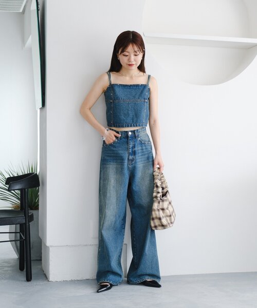 【美品】 Kastane デニムビスチェ デニムパンツ 2点セット　ブルー 美品】 Kastane デニムビスチェ デニムパンツ 2点セット ブルー