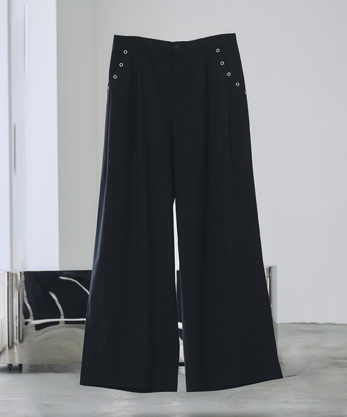 ✴︎変形ワイドスラックス✴︎モード系 前面折り返しデザイン ポケット付き ブラック ✴︎変形ワイドスラックス✴︎モード系 前面折り返しデザイン