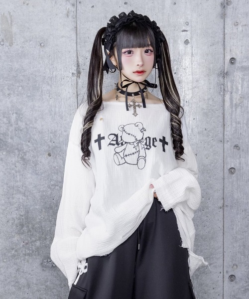トップス amilige Amilige（アミリージュ） tシャツ くぎベアプリントダメージガーゼ