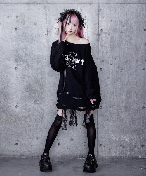 Amilige（アミリージュ） tシャツ くぎベアプリントダメージガーゼ
