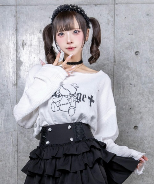 Amilige（アミリージュ） tシャツ くぎベアプリントダメージガーゼ