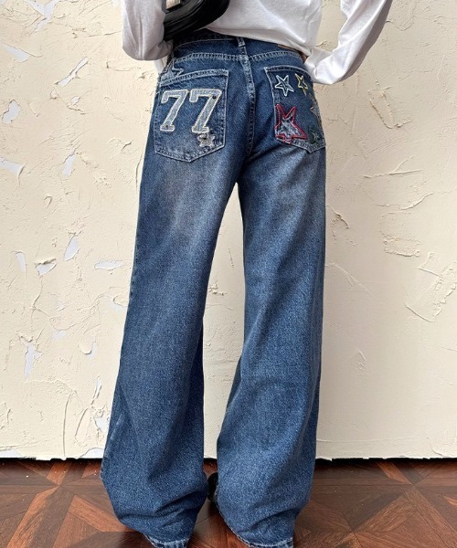 ジーンズ デニム デニムパンツ スターレターパッチ刺繍デニムパンツ