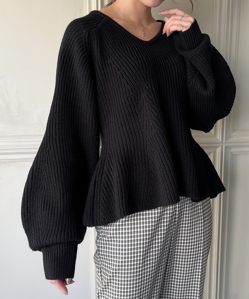 JUNOAH（ジュノア） ニット セーター Vネックペプラム畦ニット