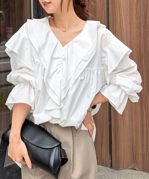 【美品】  Rabanne / ラバンヌ | × H&amp;M パターンポプリン フリルカラー カットワーク フラワー 総柄 シャツ ブラウス | XS | マルチカラー | レディース 美品】 Rabanne / ラバンヌ | × H&M パターンポプリン フリルカラー
