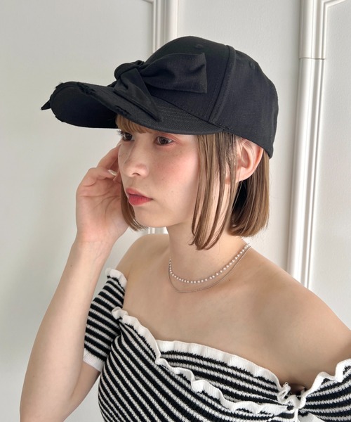 美品　【yori】 洗える 日よけ付きリボンキャップ ブラック 帽子 6月下旬発送予定 UV日よけ付きリボンキャップ【shichaku