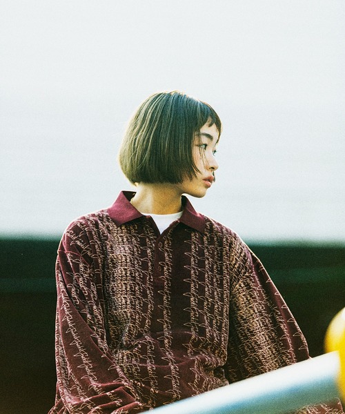 トップス huf-SCRIPT STRIPE VELOR POLO SCRIPT STRIPE VELOR LS POLO / HUF ハフ 長袖ポロシャツ