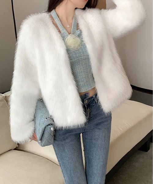 IRADOWL ノーカラーコート コート ミニ丈フェイクファーコート