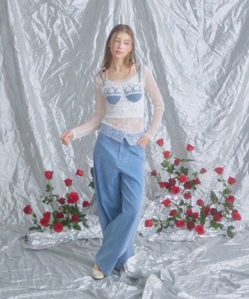 monepine lace docking design denim bustier/レースドッキング