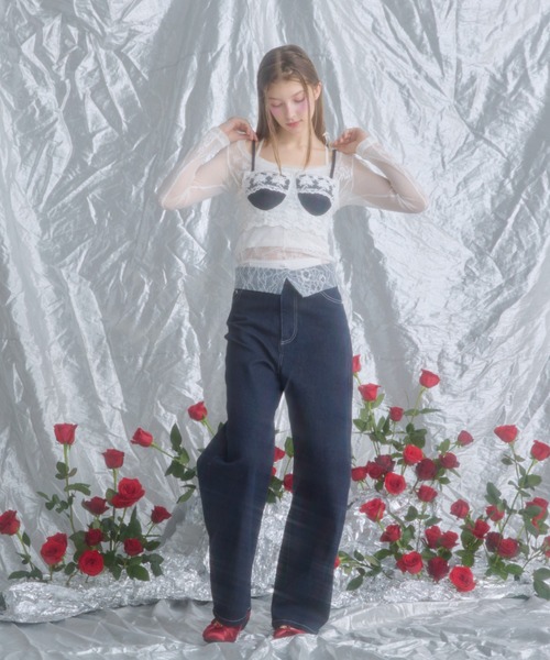 monepine lace docking design denim bustier/レースドッキング