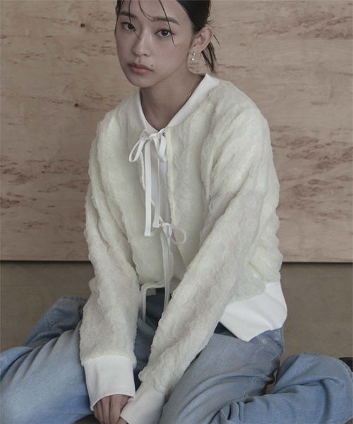 miette カーディガン ジャガードフロントリボンカーディガン
