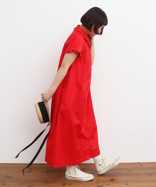 【新品タグ付き】CHILD WOMAN DotandStripes 赤ワンピース CHILD WOMAN ワンピース FINXブロード/綿ローン フリル丸襟前