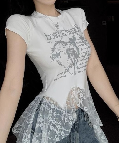 SHEENA（シーナ） tシャツ レースフリルイレヘムプリントTシャツ