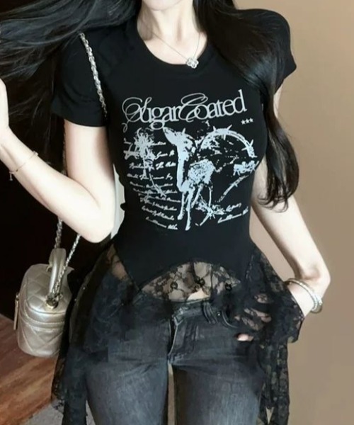 SHEENA（シーナ） tシャツ 半袖 レースフリルイレヘムプリントTシャツ