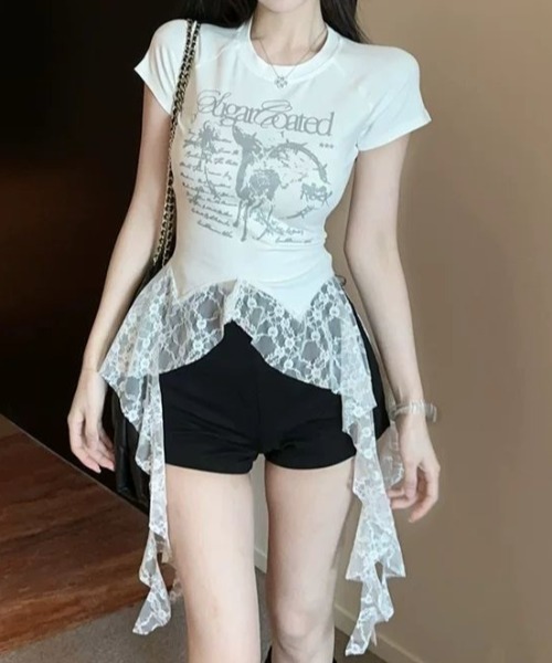 SHEENA（シーナ） tシャツ レースフリルイレヘムプリントTシャツ