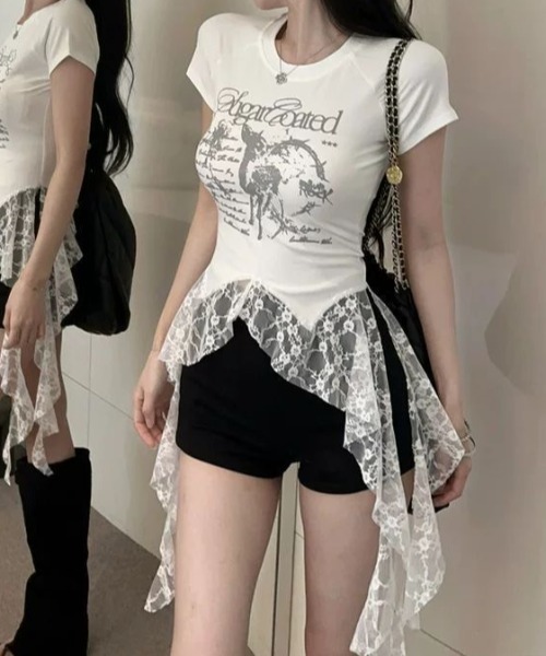 SHEENA（シーナ） tシャツ 半袖 レースフリルイレヘムプリントTシャツ 